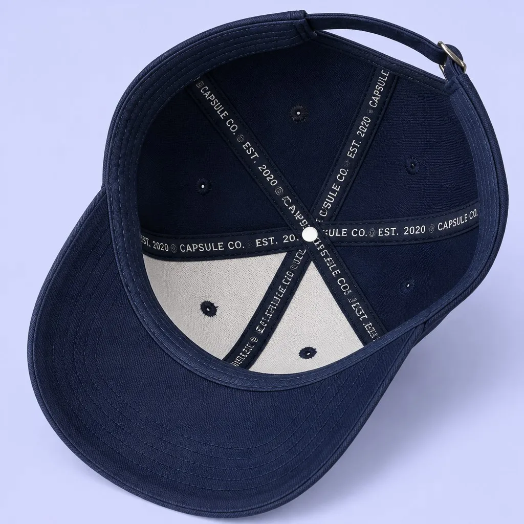 Interior View of Navy Baseball Cap Showing Custom Printed Seam Taping and Buckram Support