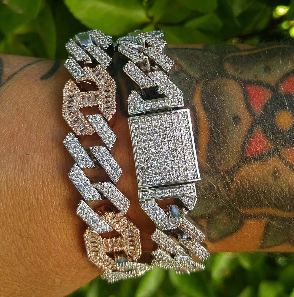 

14MM width 7" 8" silver gold mciro pave cz diamond cuban chain bracelet