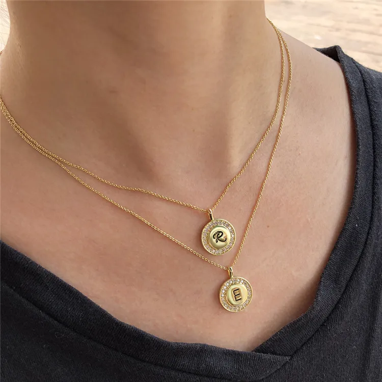 

European and American popular 26 letter round brand zircon micro-inlaid pendant necklace 14k gold plated explosive wholesale, Picture shows