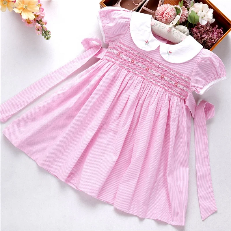 

lsl91031558 summer little girls dresses smocked striped blue handmade fashion boutiques kids clothes children outfit wholesale