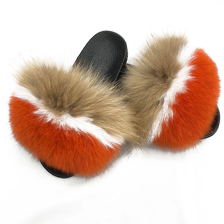 

Gray white orange fur slippers custom genuine big fur slides slippers women real fox and raccoon fur slippers, Customized color