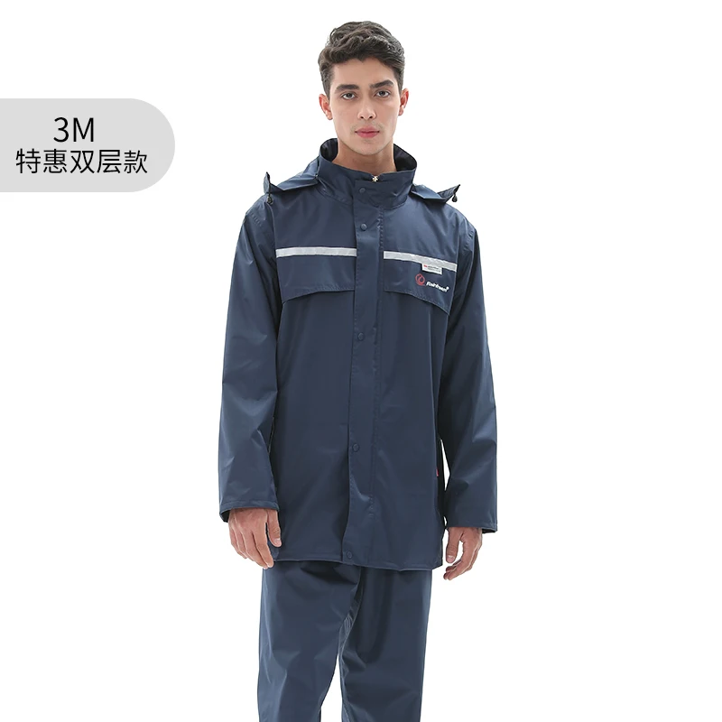 

Navy blue water proof attached hood men pongee raincoat oil resistant adult rain coat