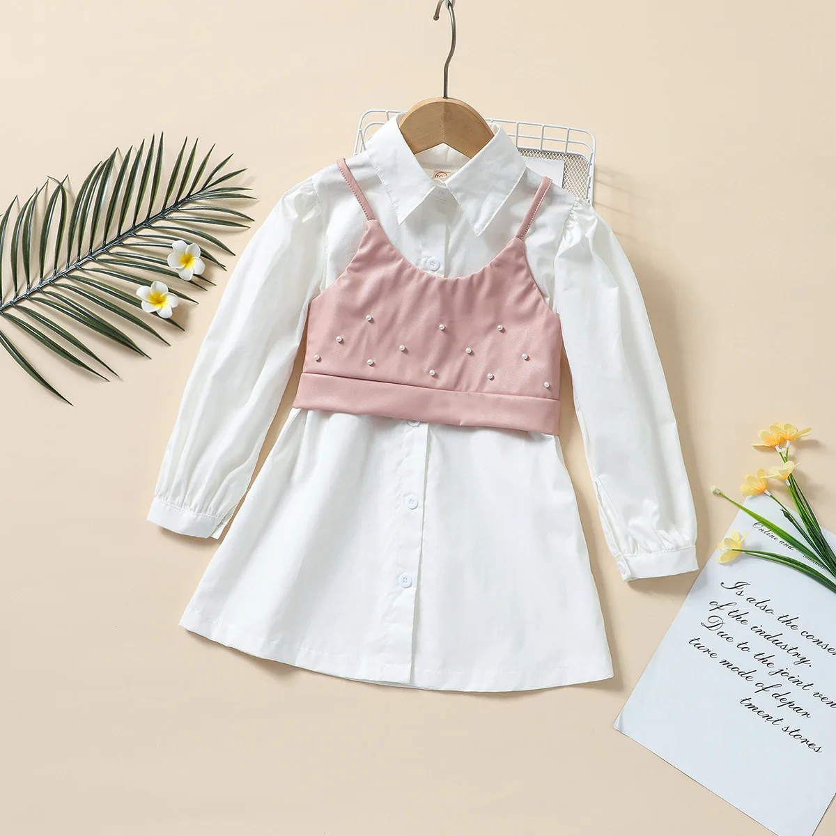 

2021 New Fashion Kid Girl Long Sleeve White Blouse with Pink Pearls Vest 2-6 Years, White pink