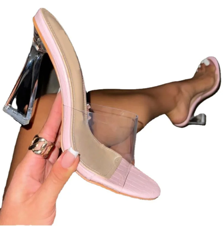 

2022 Crystal Heel High Heel Sandals Large Size One-Line Transparent Strap Sandals Square Toe Transparent High Heels