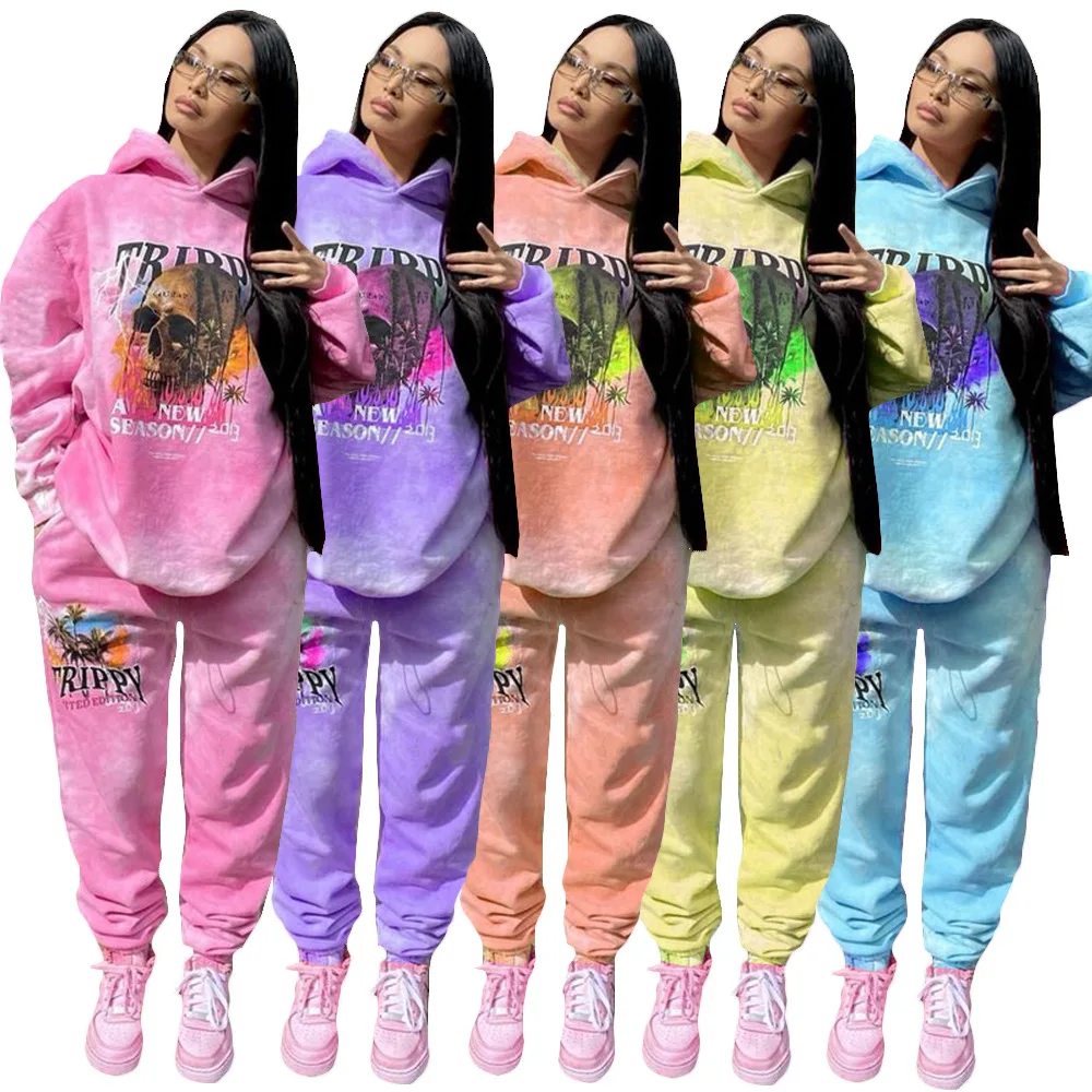 

2021 Winter Autumn Thick Velvet Tie Dye Thick Sweat Suit 2 piece Women Hooded casual sports suit, Customized color