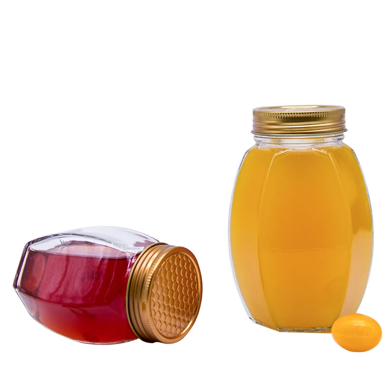 

Unique Food Use 500G 1000G Empty Custom Hexagonal Glass Container Jar With Metal Lid Honey Jam Preserve Bottles Storage Jar