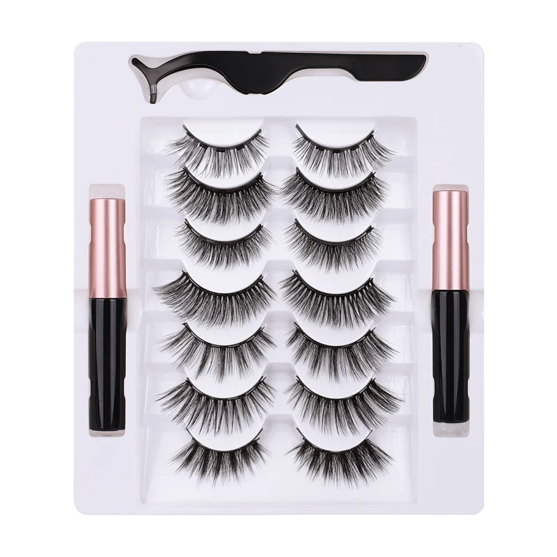 

Wholesale 7 pairs magnetic lasheswith 2 eyeliner 5 magnet eyelash 7 pairs eyelashes kit with tweezers, Natural black