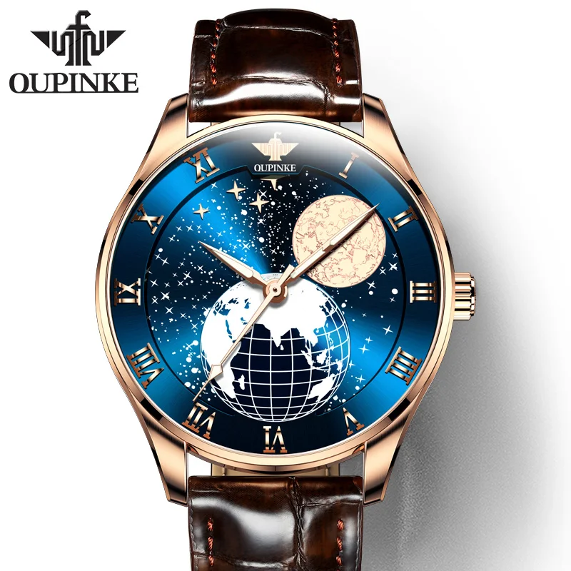 

OUPINKE 3177 Popular Products Genuine Leather Watch Earth universe Wristwatches Automatic Mechanical Watches For Men