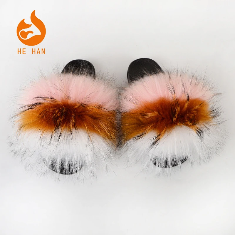 

wholesale new design popular real fluffy cute eva sole red raccoon fur slides slippers indoor