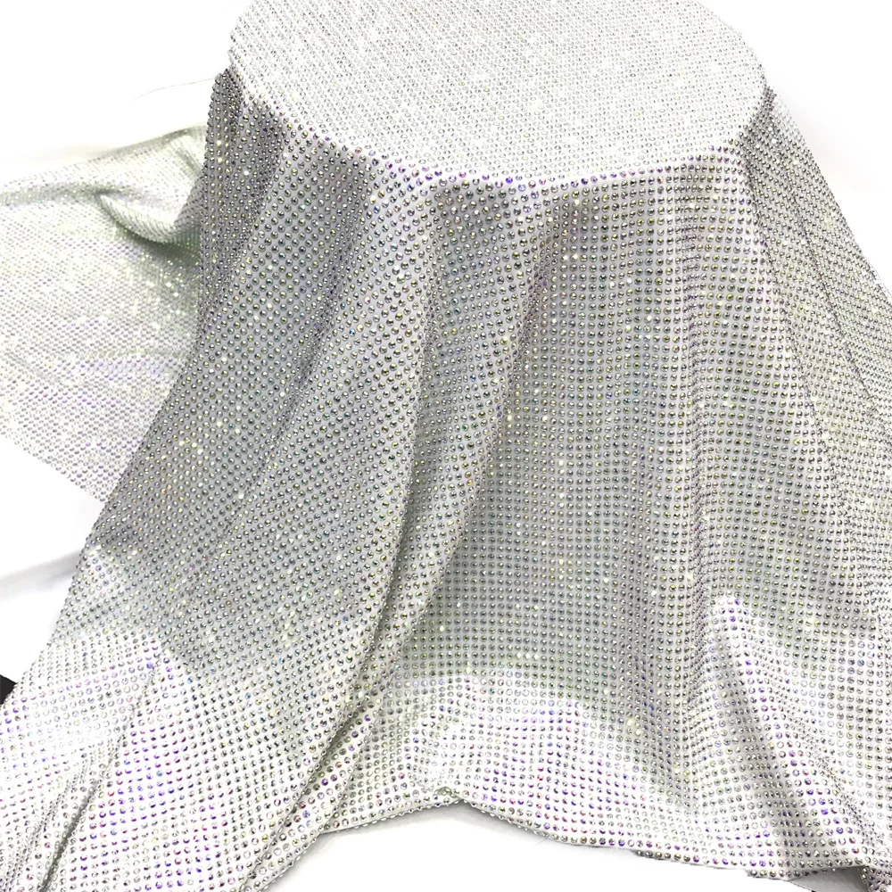 

S430 150cm*100cm 1mm space hotfix rhinestone crystals fabric for dress Sparkling rhinestones mesh fabric for dress, White color