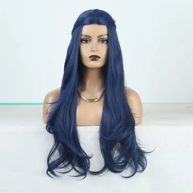 

European and American wig fashion ladies medium long curly hair blue wave micro-volume chemical fiber wig wholesale