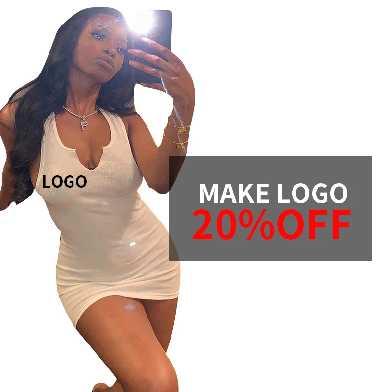 

cotton sleeveless v-neck women dress elastic fitness fashion rib knitsolid white skinny bodycon mini dresses streetwear outfits