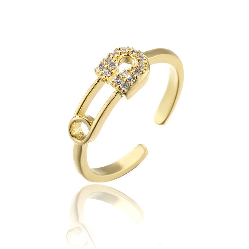 

RN0161 new arrival women jewelry 18K gold adjustable ring brass metal pave CZ ladies party safety pin ring