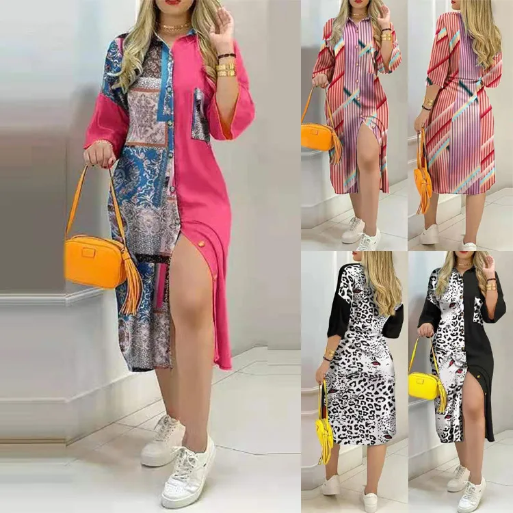 

Amazon Ins New Arrival Ladies Midi Shirt Dress Print Long Skirt Splicing Contrasting Color Split Fork Shirt Dresses Women Casual