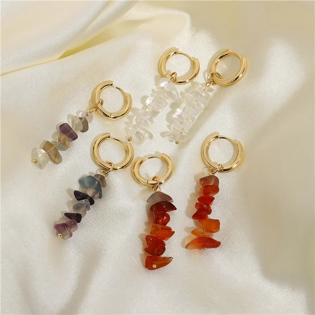 

Bohemian 18K Gold Plated Small Hoop Earrings Irregular Natural Stone Drop Earrings for Women