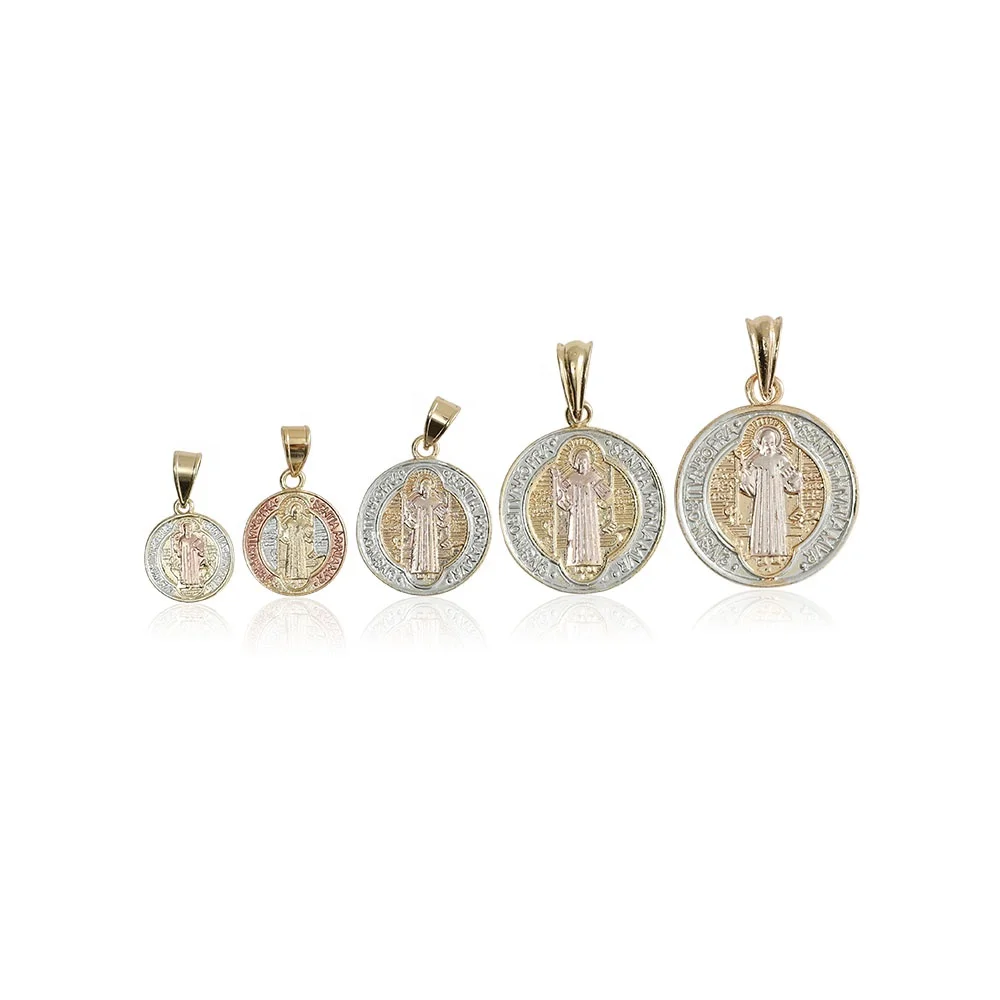 

American Best Selling Unisex Tricolor Gold Plated Saint Ben Medallion Coin Pendant Necklace with Different Sized