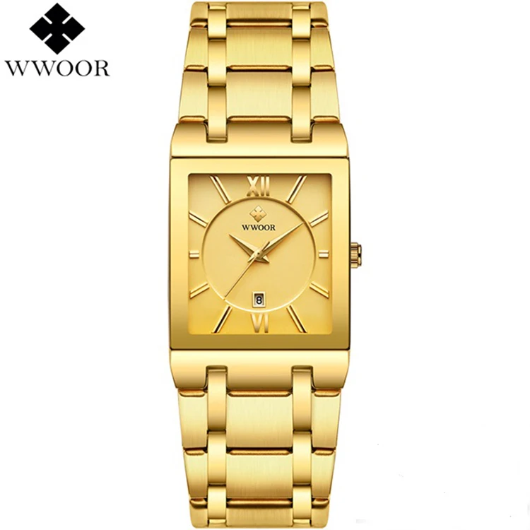 

WWOOR 8858 Gold Watch Men Square Mens Watches Top Brand Luxury Golden Quartz Stainless Steel Waterproof Wrist Watch Relogio