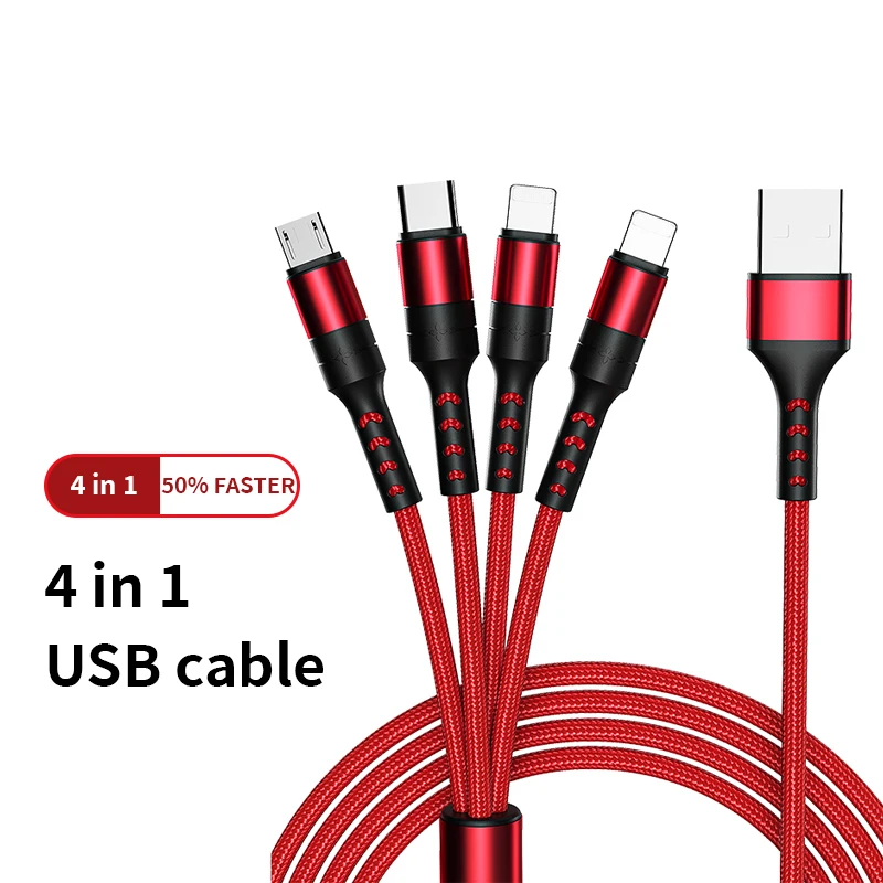 

3 in 1 Mobile phone charging cable braided 4 in 1 usb cable, Red/black