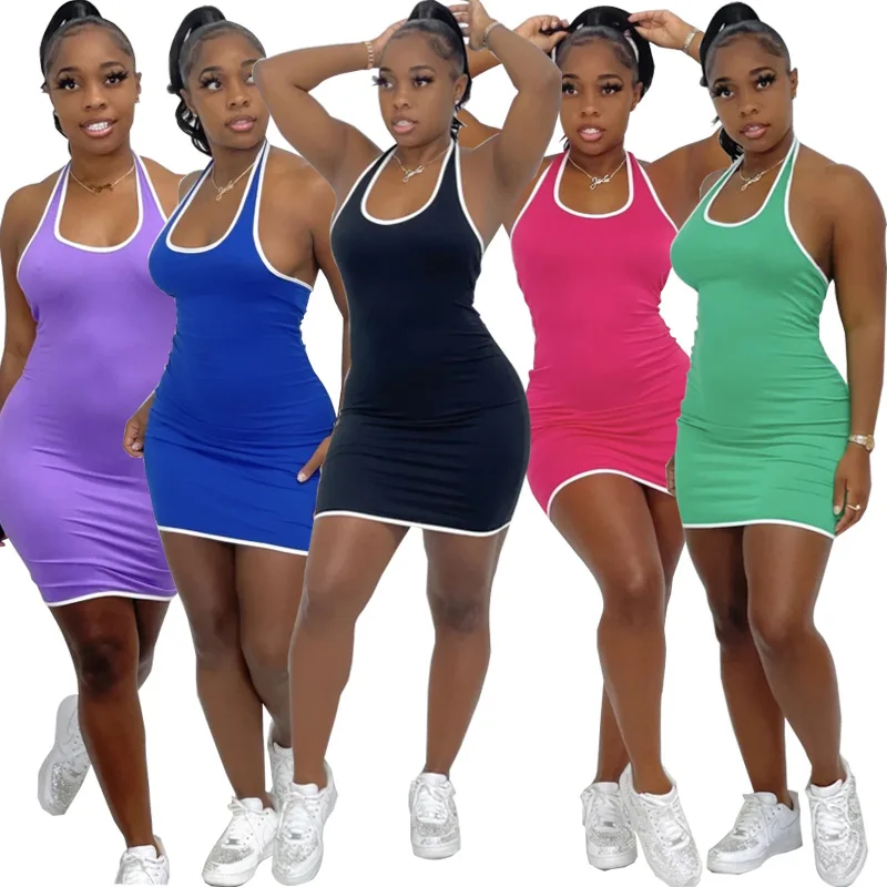 

2021 wholesale halter mini dress backless sexy sleeveless summer new elegant tight mini womens plus size casual dresses, Picture