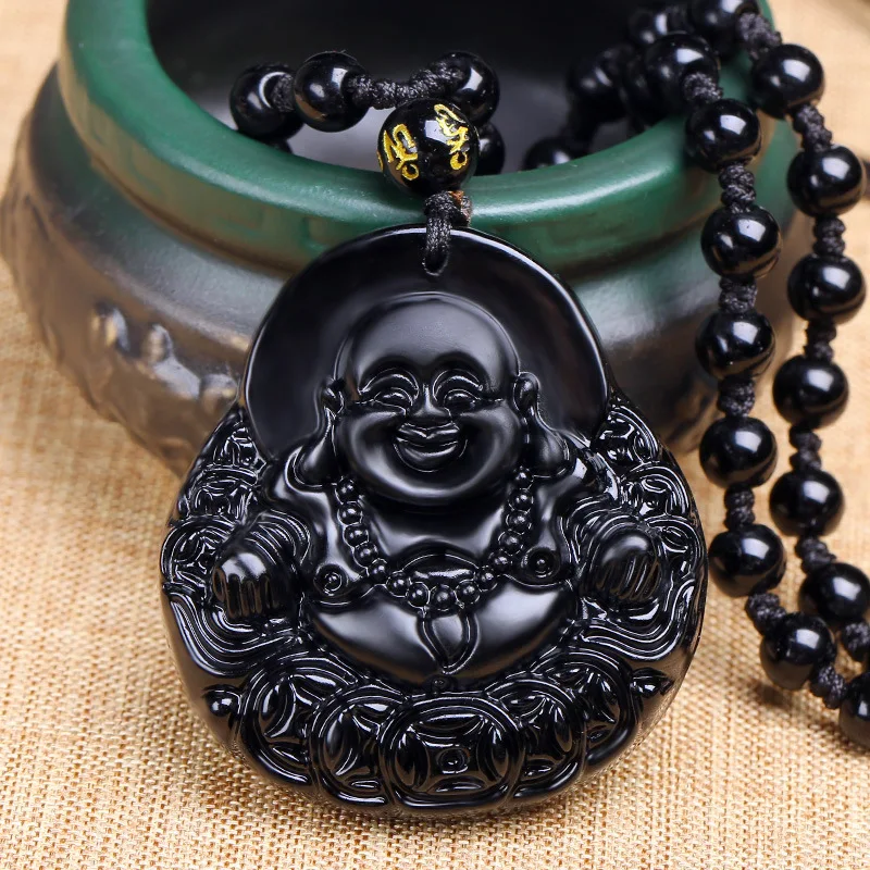 

Wholesale Natural Black Obsidian Carved Buddha Lucky Amulet Pendant Necklace