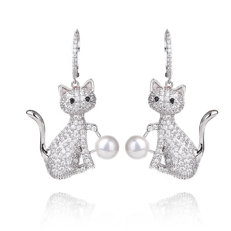 

Cute Animal Earring Cat with Pearl Design for Women