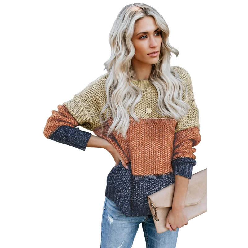 

New Design Color Block Netted Texture Winter Knit Pullover Women's Sweaters