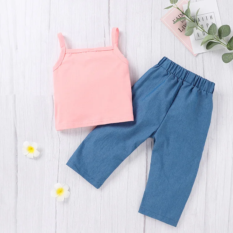 

Children Little Girls Summer Clothes Set Girls Pink Vest And Solid Color Denim Belt Pants Set 1-3 Years, As picture shows