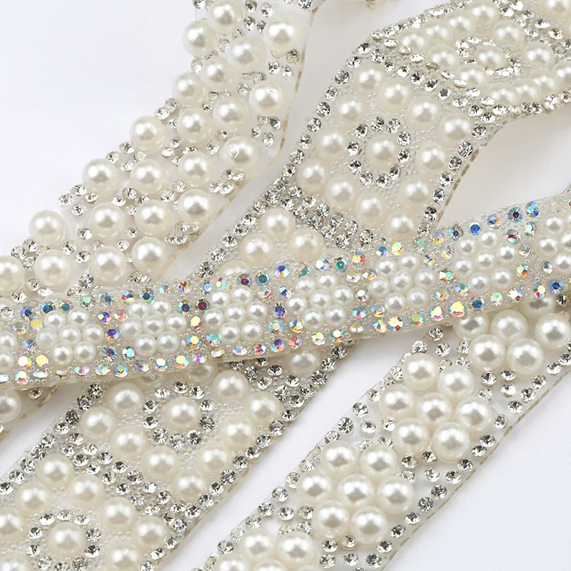 
1Yard ABS Round Pearl Beads Trim rhinestone Decoration Sewing Trim Crystal Hot Fix Rhinestone With Iron On Appliques For Dress 
