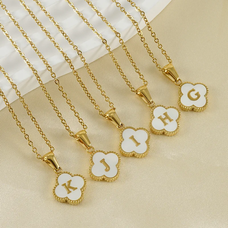 

New Arrival 18K Gold Stainless Steel Letter A-Z Initial Four Leaf Clover Shape Shell Alphabet Pendant Necklace For Women