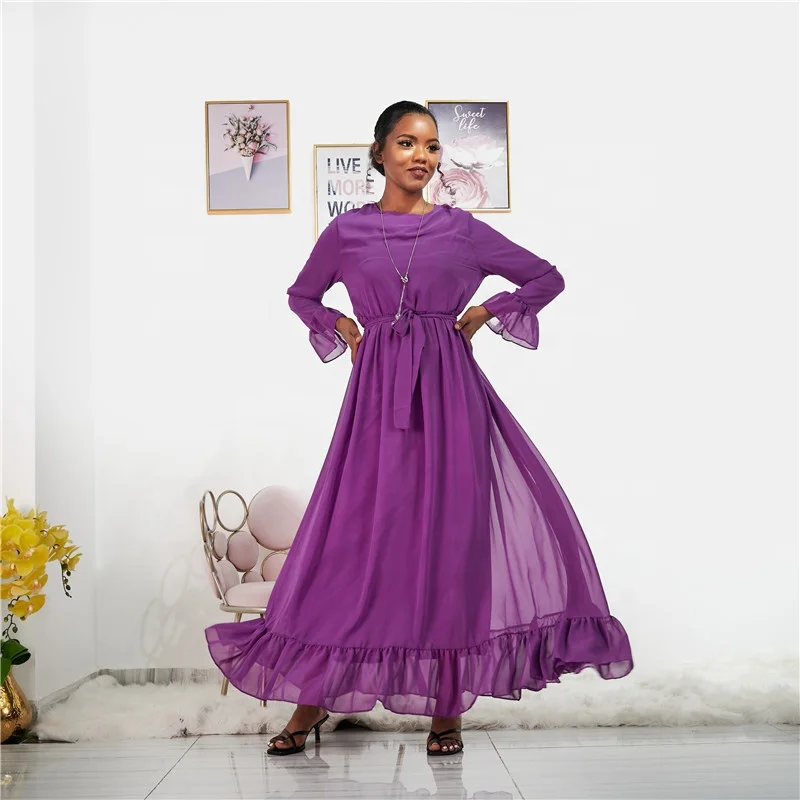 

Wholesale solid color full sleeve women long maxi dress chiffon dress Muslim Abaya, Black, green, purple, light purple
