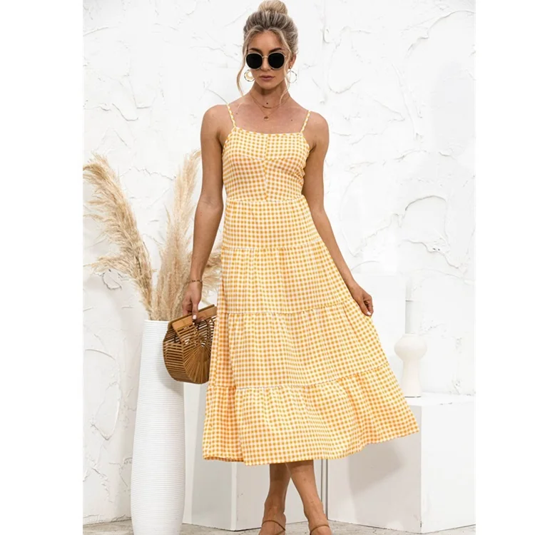 

2021 Amazon Hot Sale Gingham Tie Design check Print pleated Calf Length Slip Ladies Summer Sleeveless Backless Cut Out Dresses