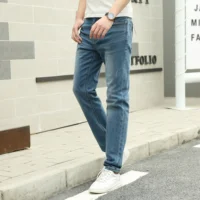 

2019 New Arrival Fashion Rough Selvedge Hem Splicing Blue Denim Pants jeans men