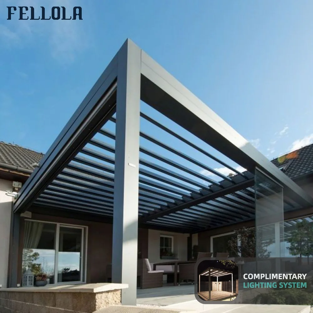 

Fellola Outdoor Automatic Waterproof Louver Terrace Gazebo Aluminum Louvered Roof Pergola With LED Light, White/grey