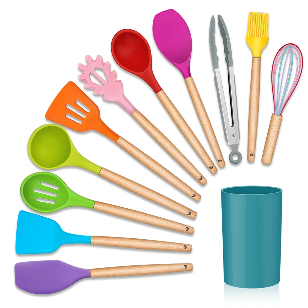 

USA FREE SHIPPING 12 piece kitchen utensils silicone heat resistant accessories heavy duty colorful cooking kitchen utensils set, Colorful, black, grey