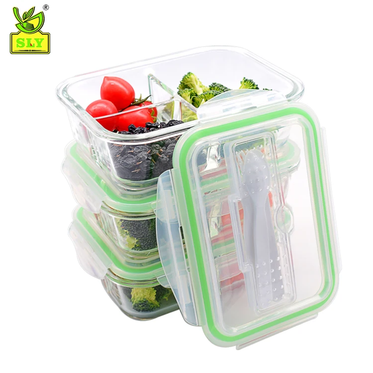 3 Compartments Glass Material Bento Lunch Box 36oz Glass Food Container