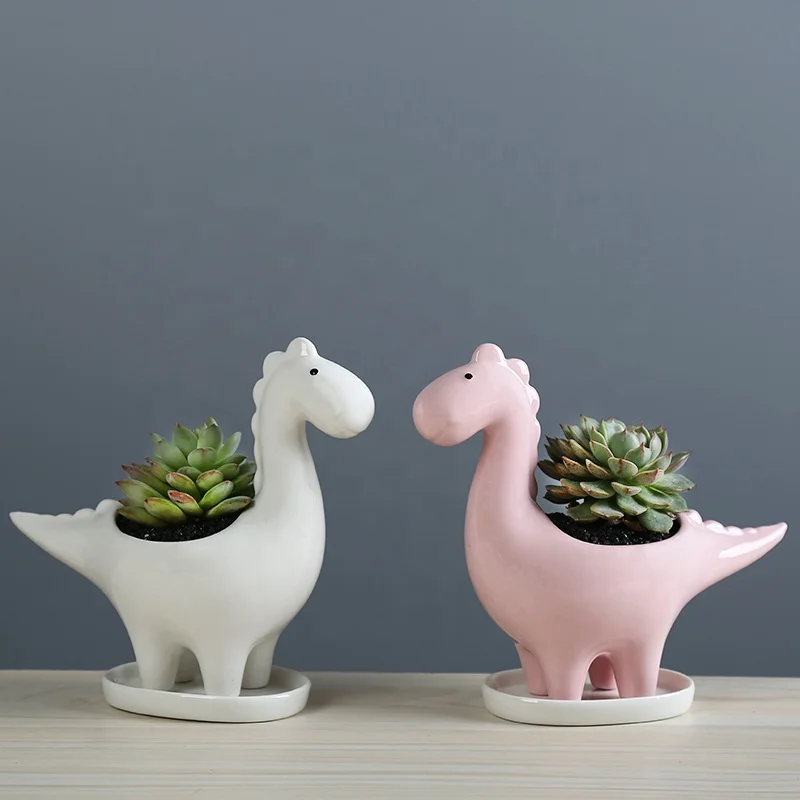 

Creative Ceramic dinosaur Flower Pot Succulent Garden Desktop Decoration With Tray Creative Dinosaur Flower Planter Pot, As picture