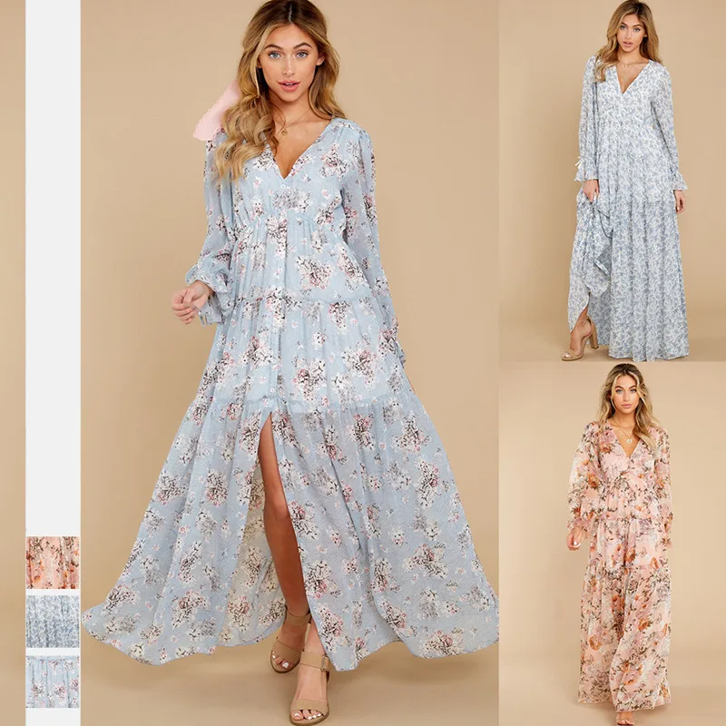 

New chic v neck floral maxi long elegant casual dresses women