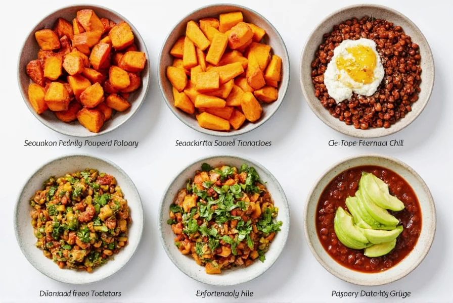 Colorful array of dietary-specific side dishes with chili including gluten-free roasted sweet potatoes and dairy-free avocado toppings