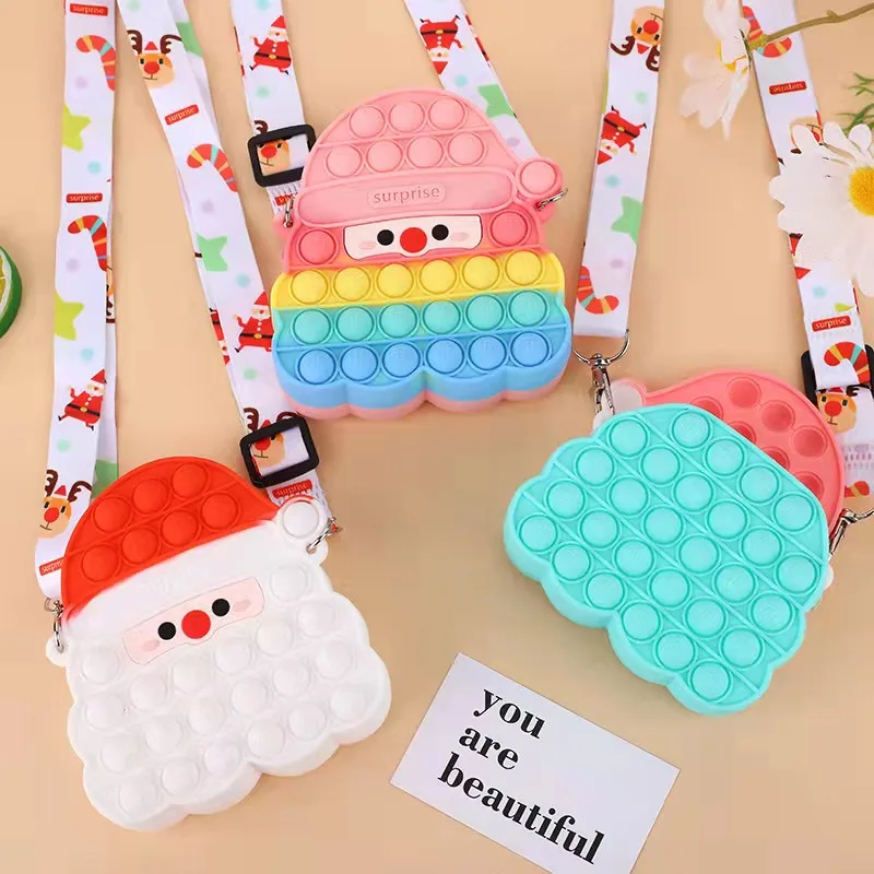 

girls bubble popit Santa Clause shape coin purse kids silicone pop it fidget Santa Clause toy purse handbags for Christmas party