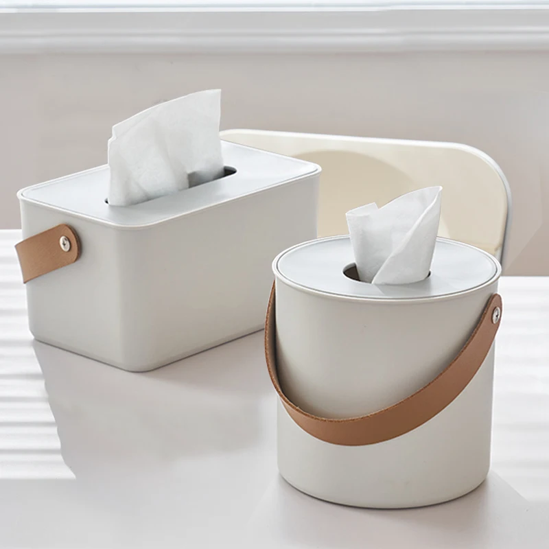 

Household Nordic Luxury Creative Plastic Living Room Portable Roll Paper Dispenser Storage Tissue Box With Leather Handle