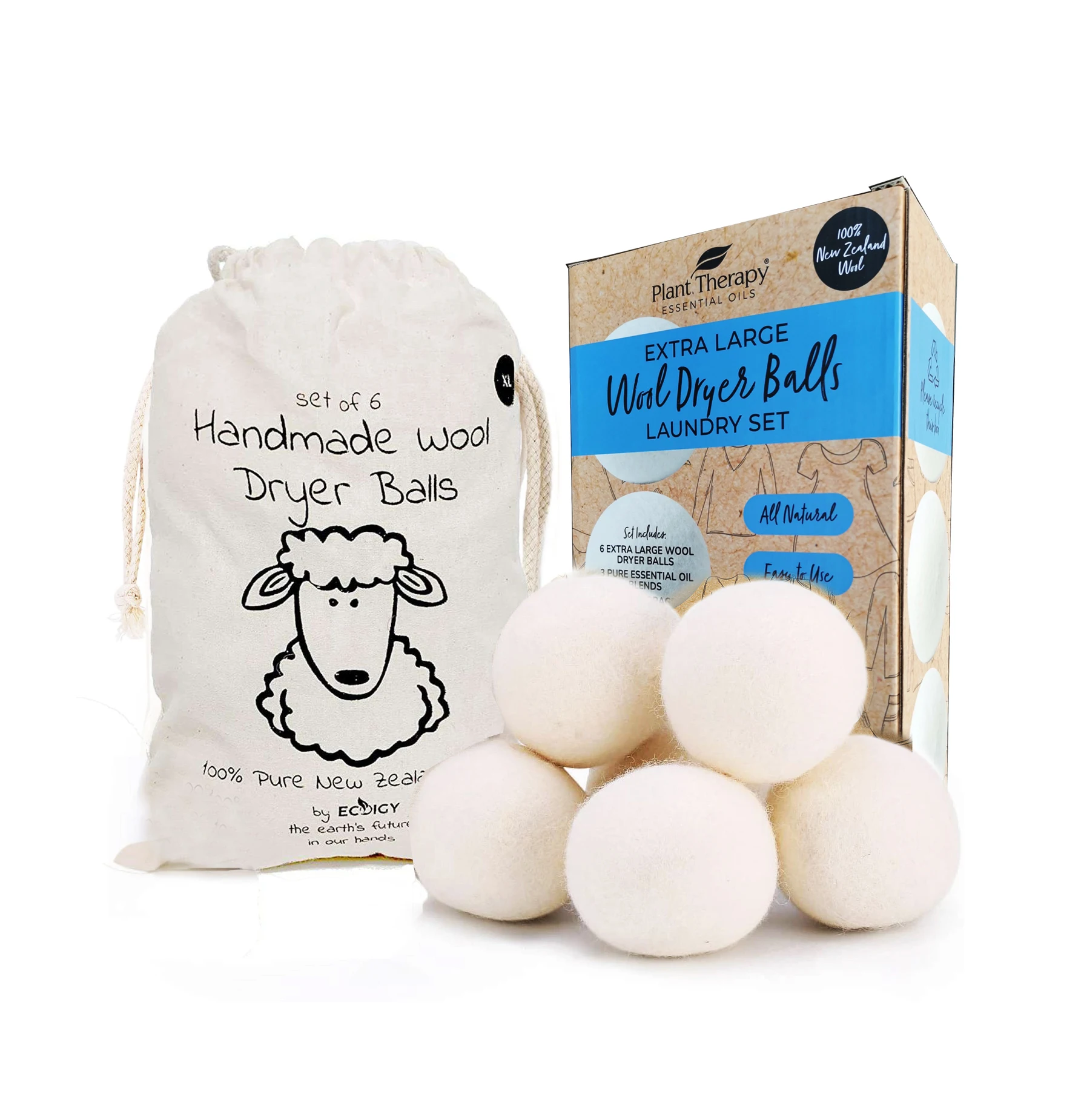 

Wool dryer balls organic XL 6-Pack by ecoigy, reusable natural fabric softener for Laundry