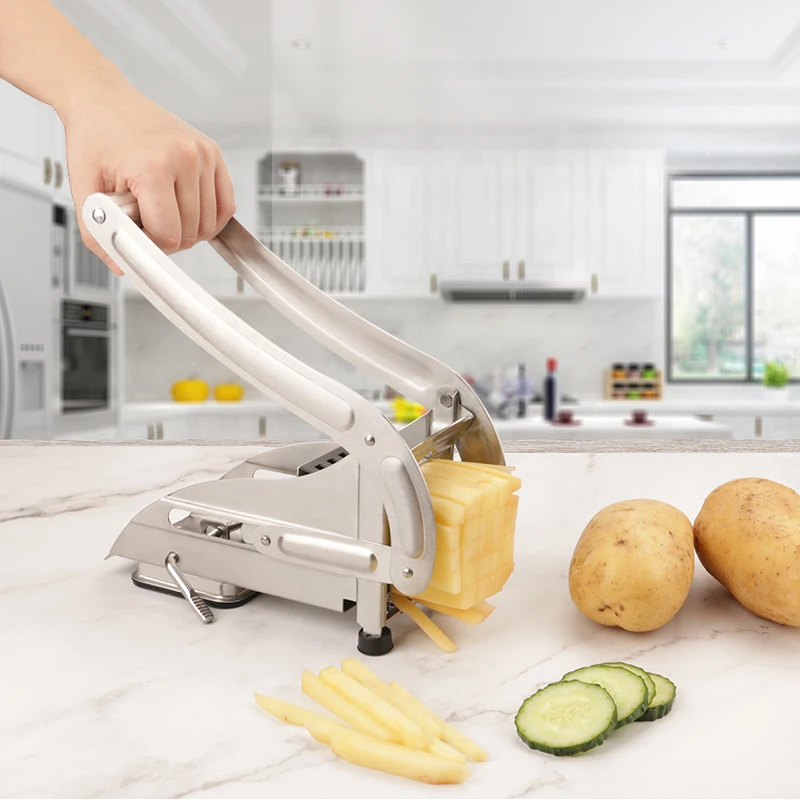 

Kitchen Gadget Manual Strip Potato Chips Slicer Stainless Steel French Fries Cutter, As picture