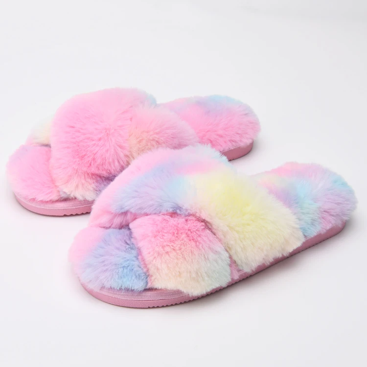 

Fashion Classic Cross Strap Open Toe Tie dye Colorful Fluffy Rabbit Fur Cemented TPR Sole Indoor Outdoor Women Bedroom Slippers, As picture shown