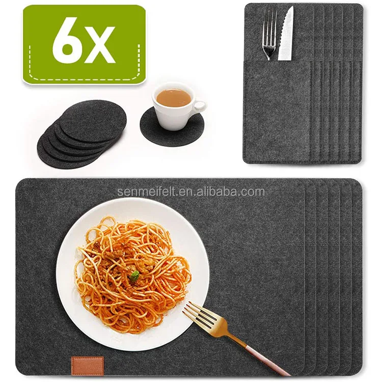 

eco-friendly heat resistant felt placemat coaster set non slip 18 pieces place mat and Sliverware Bags, Grey, blue or custom