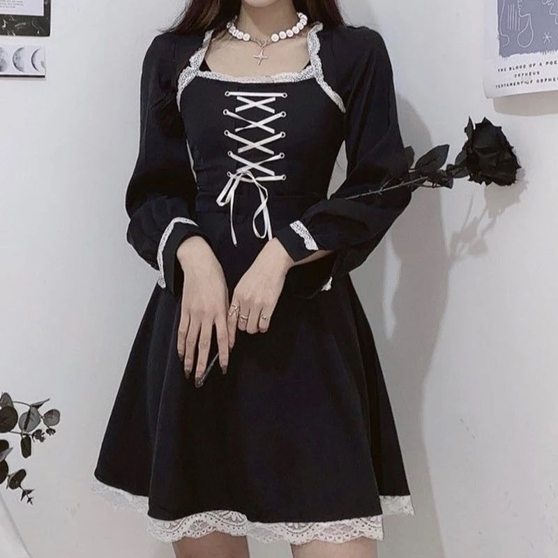 

Goth Style Dress Gothic Hatajuku Punk Grunge Long Sleeve Bandage Lace-Up Balck Mini Dress 2021 Fashion Women, Black