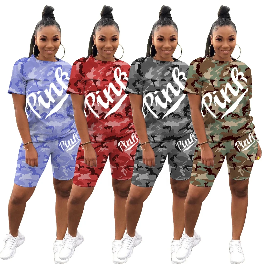 

MT88-6515 New Design Printed Camouflage Color Shorts Sleeve Women Clothing 2pcs Set women clothing sets 2 piece set women