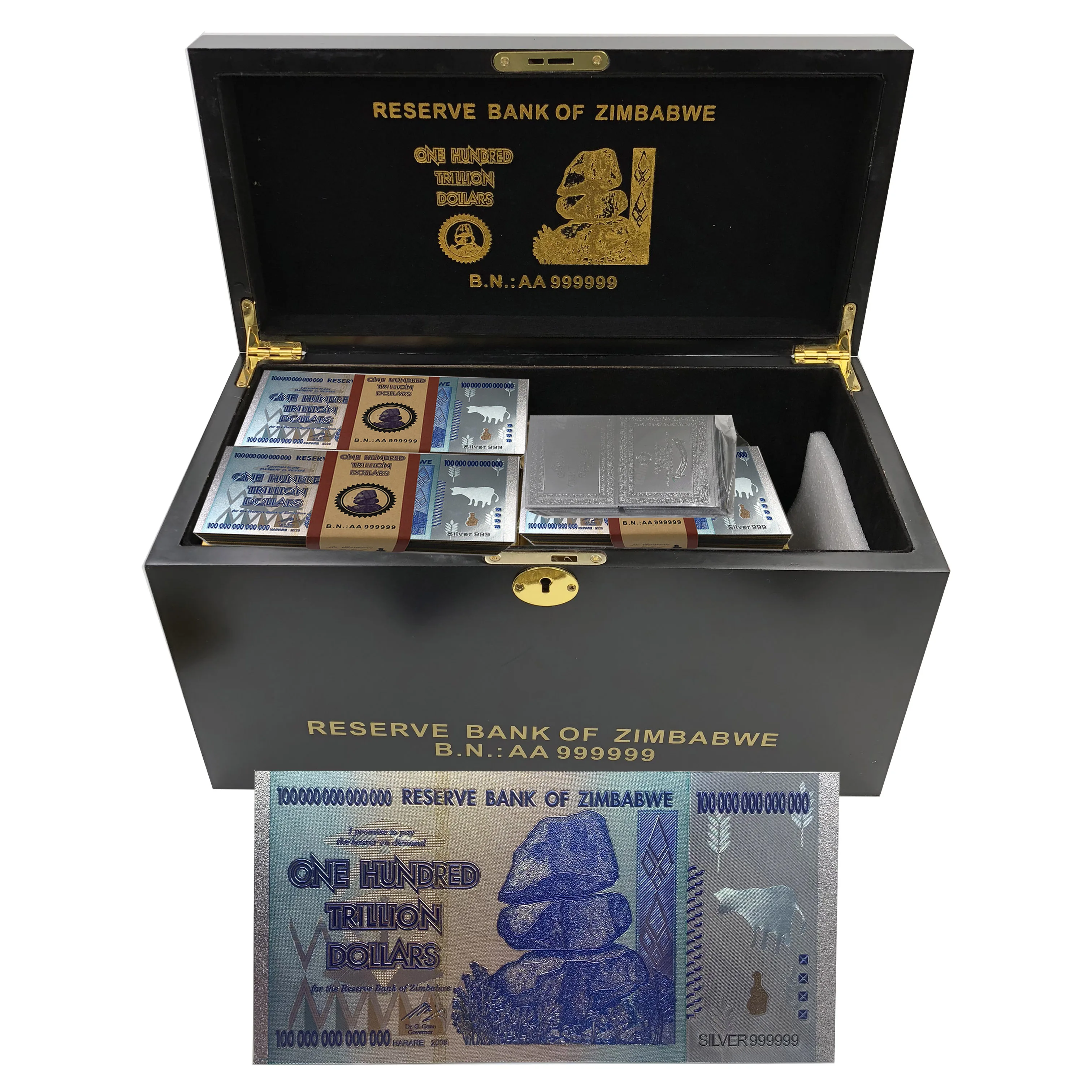 

1000pcs/lot one hundred Trillion Dollars Zimbabwe Silver Banknote in wooden box with 100 certificates zimbabwe