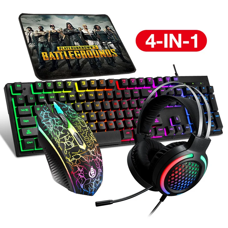 

Amazon Hot Selling 4 in 1 Gaming Keyboard and Mouse Combo Headset Rubber Gaming Mouse Pad Full Gaming PC Set, Black