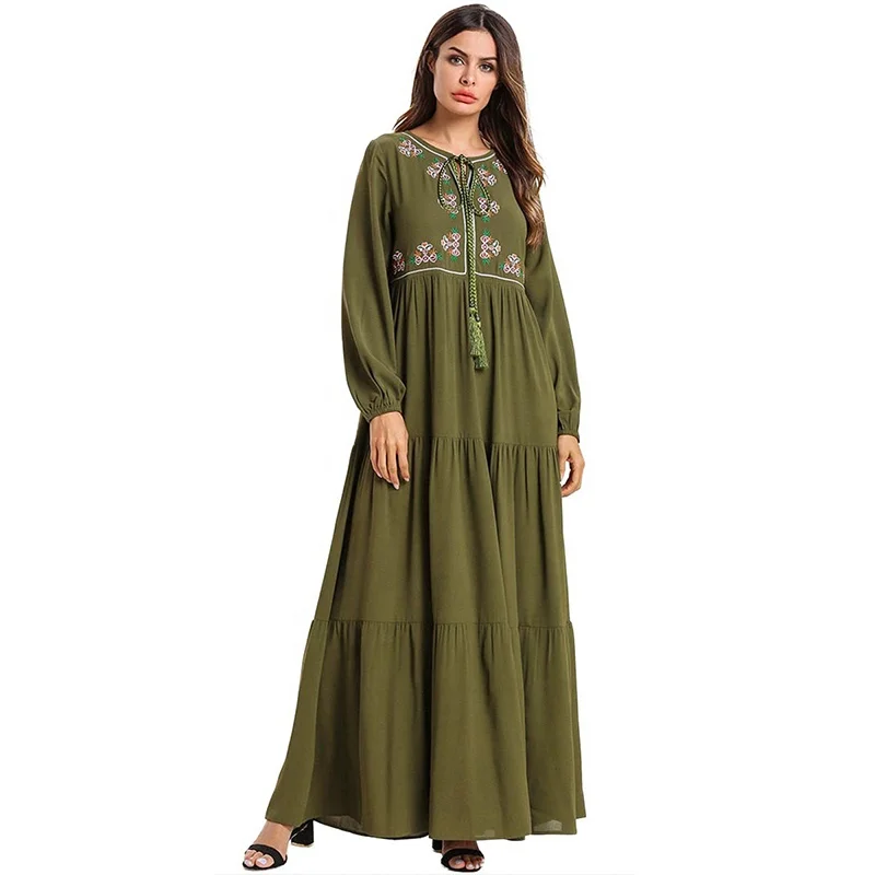 

Arabian large size light green fashion embroidered long sleeve Muslim casual abaya dress for women, Olive
