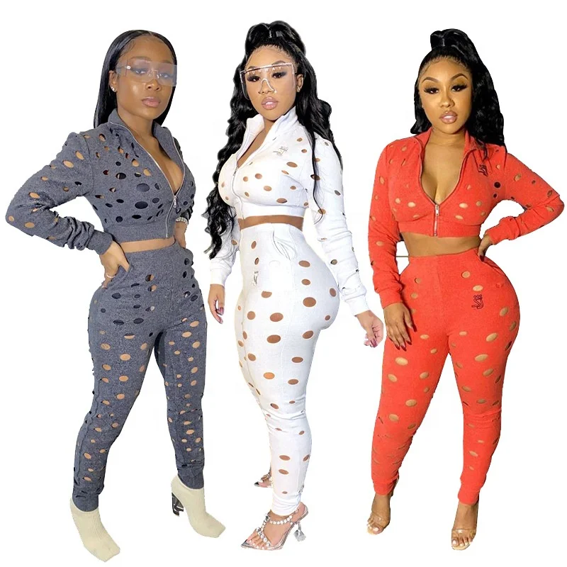 

All Over Hole Cutout Fitted Crop Top and Pants Set Lady